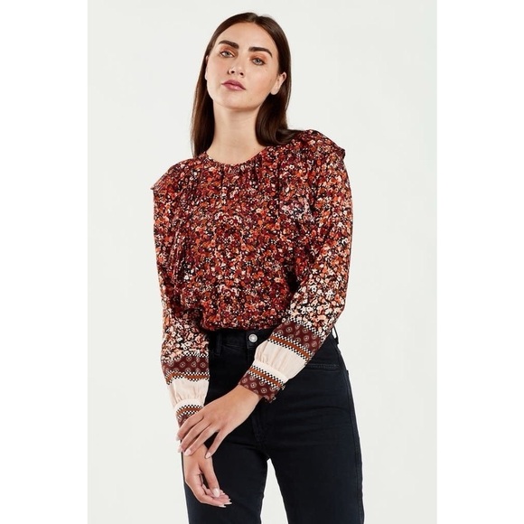 Marie Oliver Brown Cream Baker Blouse in Floral Scarf Sz XS - Picture 2 of 13